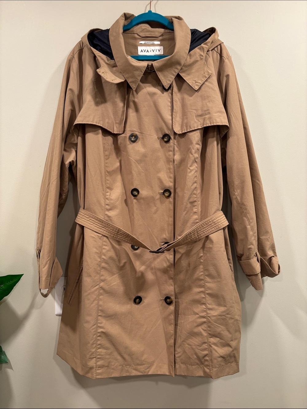 Ava & Viv Camel Tan Double-Breasted Water-Resistant Midi Hooded Trench Coat Belt